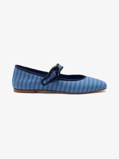 Larroudé Verona Ballet Flat In Egyptian Blue Striped Fabric and Navy Trimming