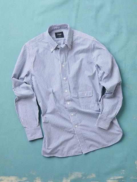 Drake's Blue and White Stripe Button-Down Collar Fob Pocket Shirt
