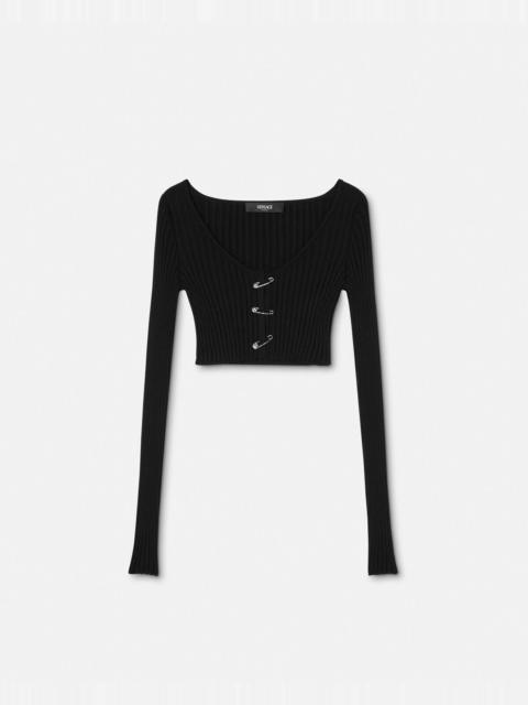 VERSACE Safety Pin Scoop Crop Ribbed-Knit Cardigan