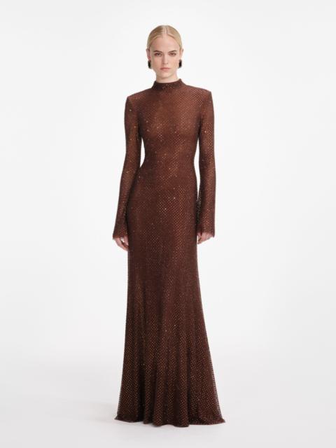self-portrait Brown Rhinestone Mesh Maxi Dress