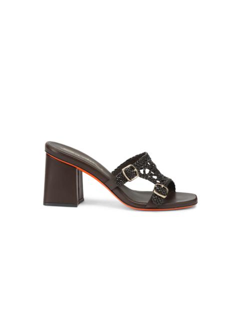 Santoni Women's brown woven leather double-buckle mid sandal