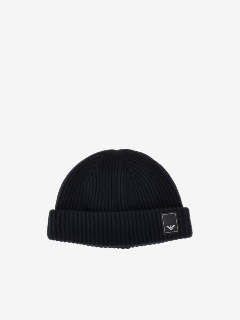 EMPORIO ARMANI logo-patch ribbed beanie hat