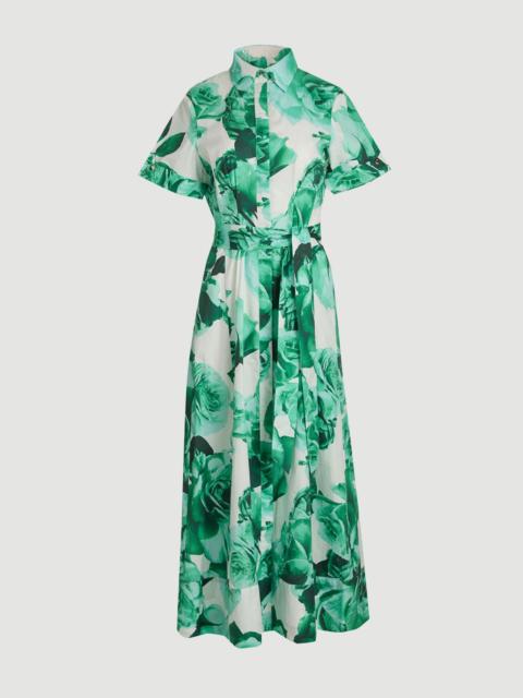 KAREN MILLEN Rose Print Cotton Sateen Floral Woven Belted Maxi Shirt Dress