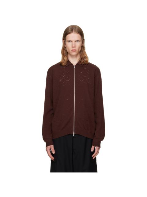 vowels Brown Eyelet Knitted Zip-Up Sweater