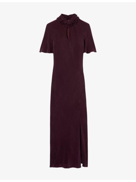 Claudie Pierlot Ruffle-Collar Keyhole Cupro Maxi Dress
