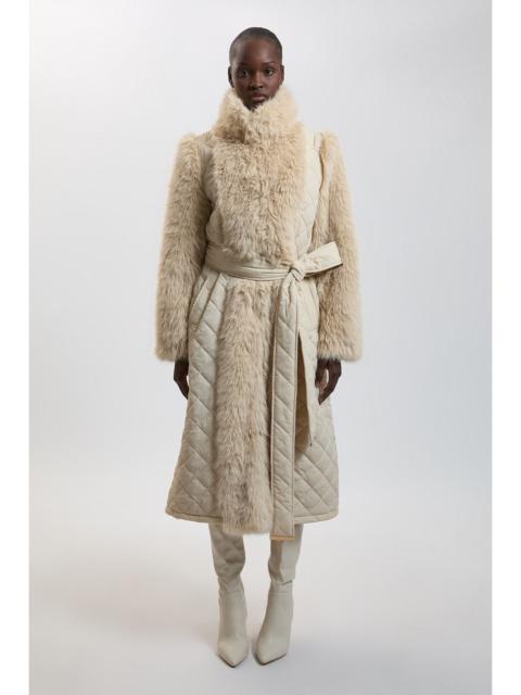 KAREN MILLEN Faux Fur & Quilted Padded Mix Belted Midi Coat