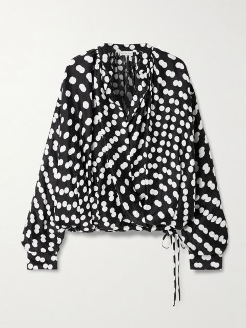 Dries Van Noten Draped polka-dot satin-jacquard blouse Black
