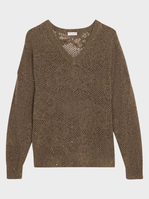 Brunello Cucinelli Diamante Paillette Mohair Open-Knit V-Neck Sweater