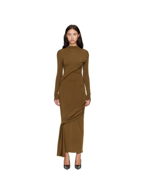 MUGLER Khaki Draped Turtleneck Maxi Dress