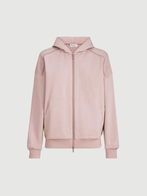 Brunello Cucinelli Stretch cotton lightweight French terry hooded sweatshirt with zipper and shiny trims
