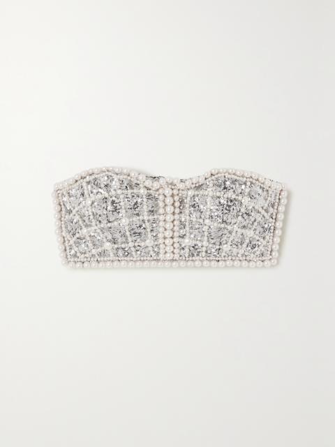 Balmain Cropped Faux Pearl-embellished Sequinned Chiffon Bustier Top