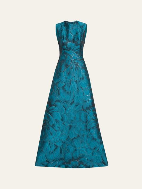 REEM ACRA Jewel-Neck Sleeveless Floral Brocade Gown