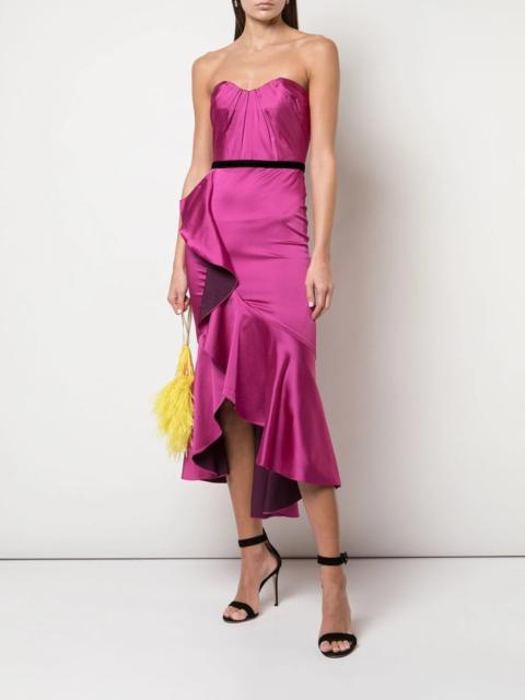 Marchesa DRAPED HI-LOW RUFFLE COCKTAIL MIDI DRESS