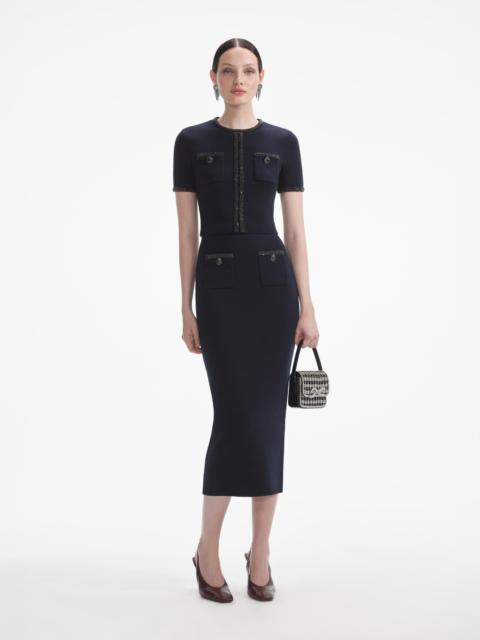 self-portrait Navy Embellished Knit Midi Skirt