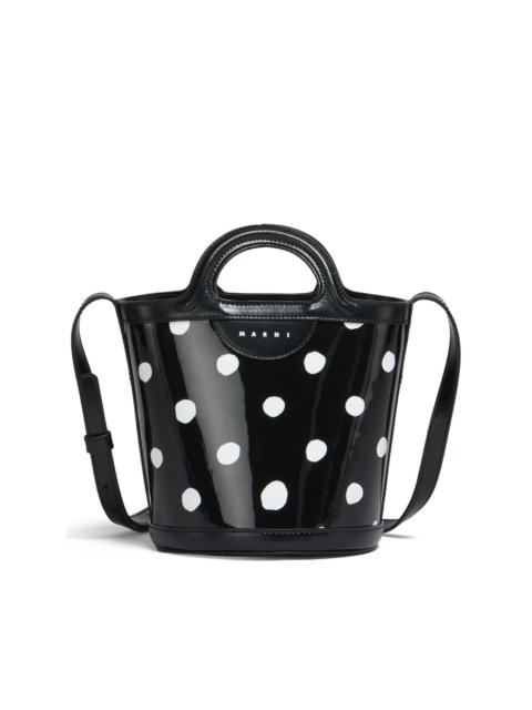 polka-dot patent bucket bag