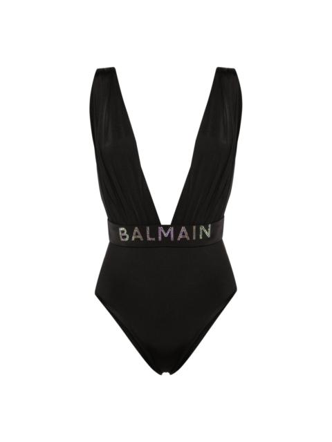 Balmain rhinestone-detailed draped swimsuit