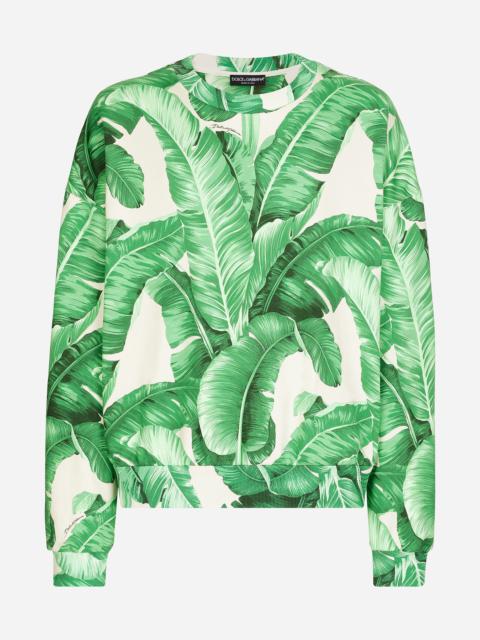 Round-neck sweatshirt with banana tree print