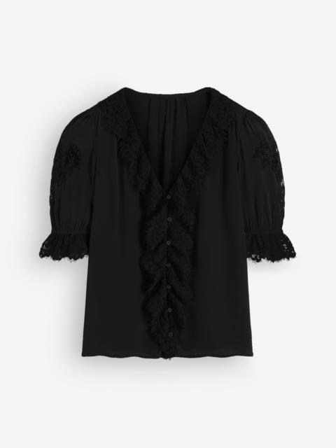 BODEN Ruffle V-neck Lace Top-Black