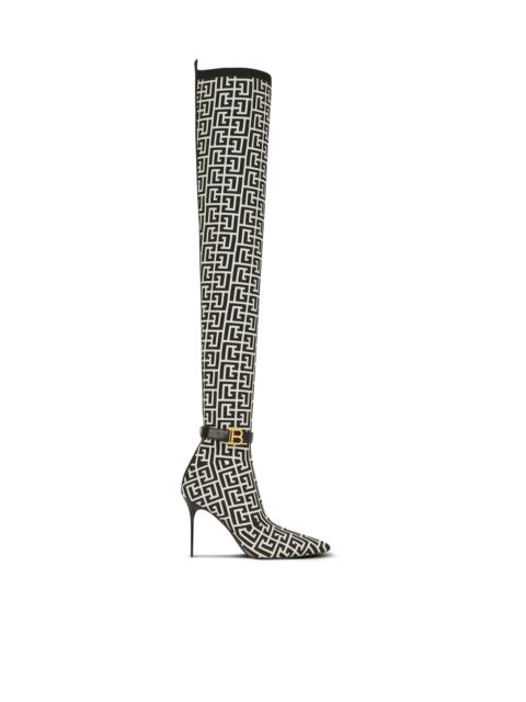 Balmain Raven monogrammed knit thigh-high boots