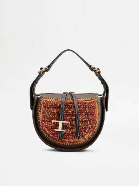 Tod's TIMELESS HOBO BAG IN LEATHER AND WOOL SMALL - BROWN, RED, BEIGE