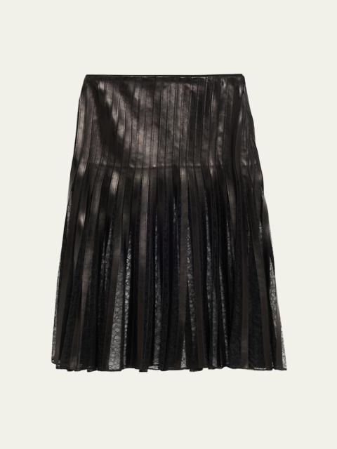 BRANDON MAXWELL Alix Lace-Inset Pleated Leather Midi Skirt