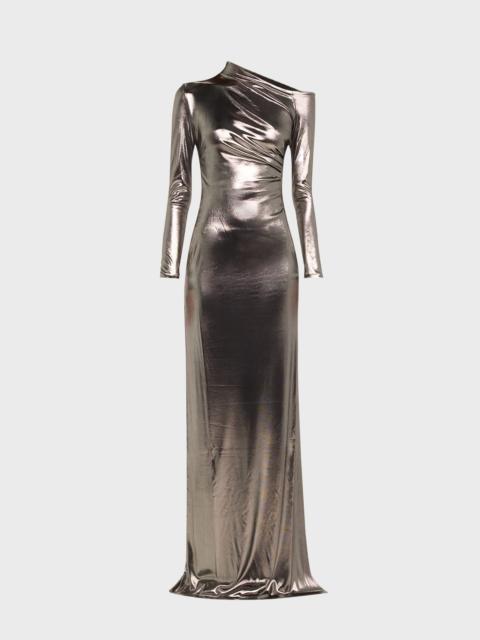 Ralph Lauren Metallic Long-Sleeve Ruched Gown