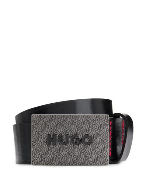 HUGO MATTE LEATHER BELT WITH BRANDED PLAQUE BUCKLE
