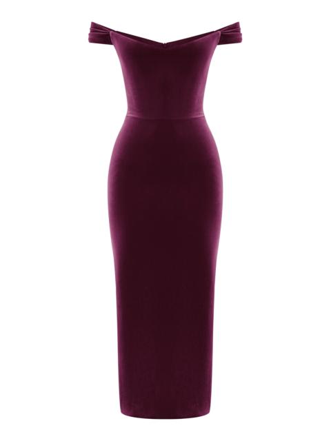 ALEX PERRY Off-The-Shoulder Velvet Corset Midi Dress purple