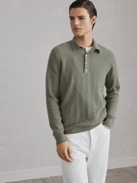 Cashmere textured rib knit polo with long sleeves