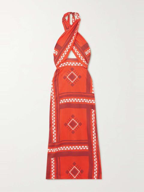 + NET SUSTAIN Cuzco Ruby Quipu cutout printed cotton-poplin halterneck maxi dress