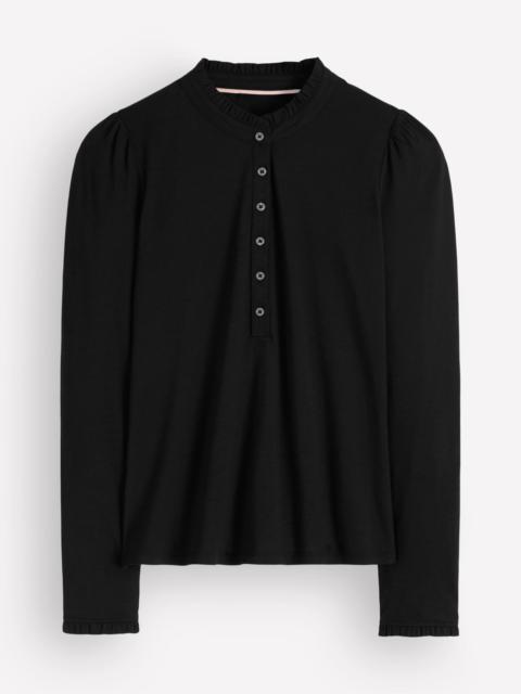 BODEN Supersoft Frill Henley Top-Black