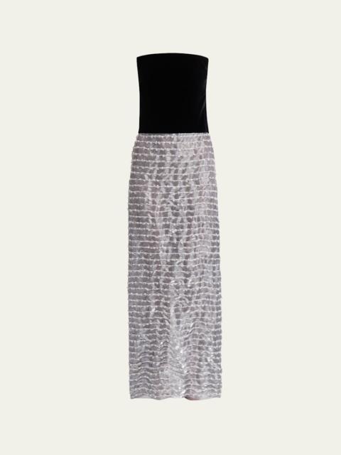 GIORGIO ARMANI Strapless Velvet Bustier Iridescent Textured Silk Gown