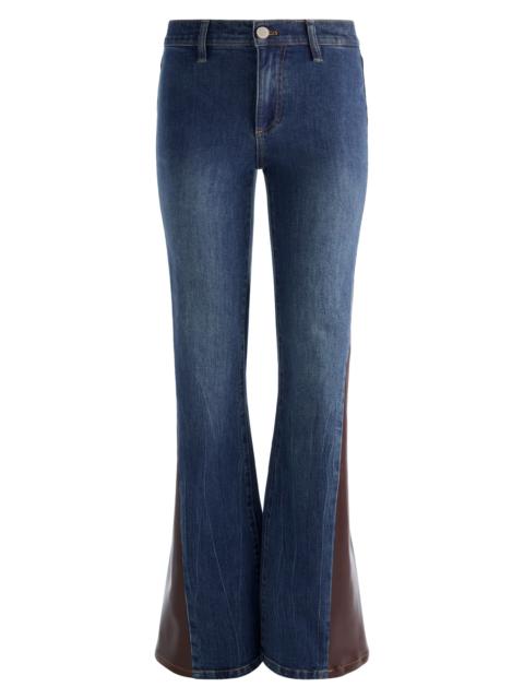 Alice + Olivia Faux Leather Godet High Waist Flare Jeans in Georgette Blue/dark Chocolate
