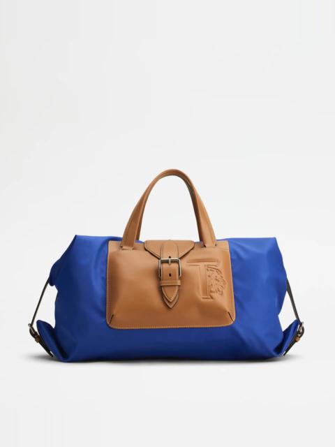 Tod's DUFFLE BAG IN FABRIC AND LEATHER MEDIUM - BLUE, BROWN