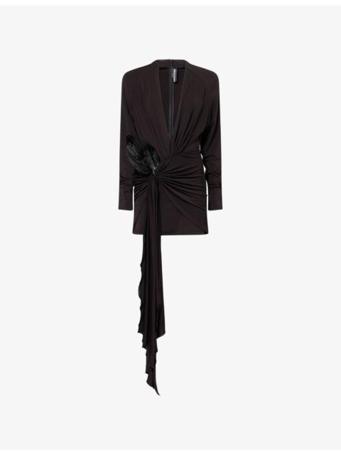 David Koma Draped-Hem Flower-Applique Stretch-Jersey Mini Dress
