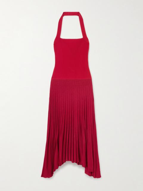 MARIA McMANUS Ribbed Stretch-knit And Plissé Halterneck Maxi Dress