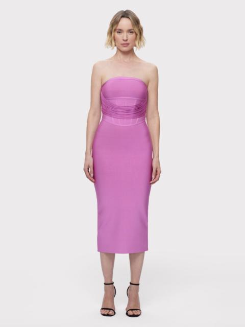 HERVE LEGER DRAPED STRAPLESS FRINGE MIDI DRESS