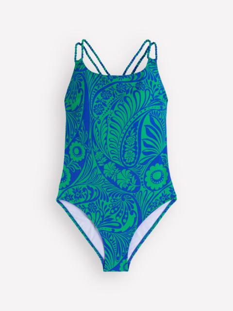BODEN Twist Strap Swimsuit-Blue, Enchanted Paisley