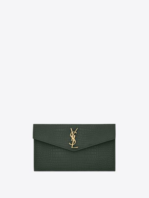 SAINT LAURENT uptown pouch in crocodile embossed shiny leather
