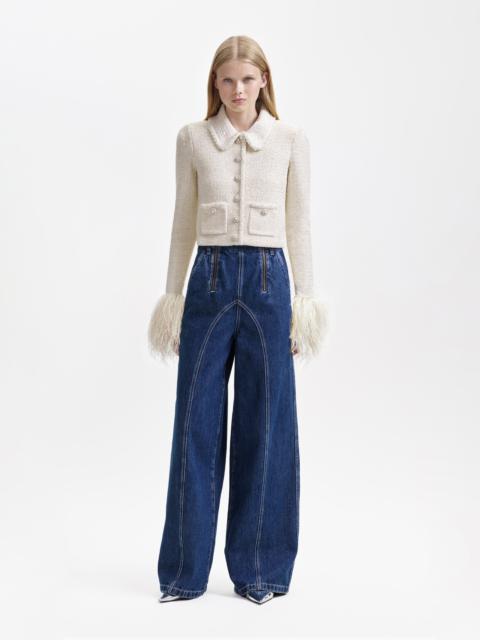 self-portrait Cream Sequin Pearl Cropped Feather Cardigan