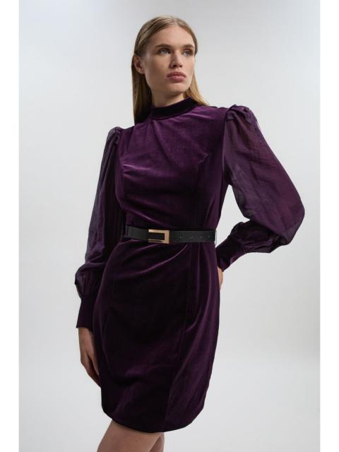 KAREN MILLEN Velvet Mesh Sleeve Belt Detail Woven Mini Dress