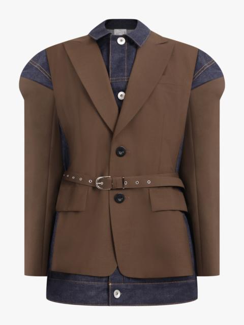 sacai SUITING X DENIM SINGLE BREAST BELT JACKET | BROWN/INDIGO
