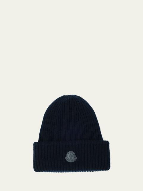 Moncler Men's Cashmere Rib Leather-Logo Beanie Hat