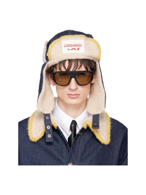 CHARLES JEFFREY LOVERBOY Navy & Beige Knit Patch Trapper Hat