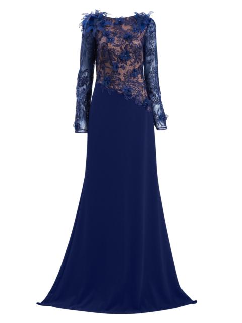 TADASHI SHOJI Women's Floral Lace Asymmetric Long-Sleeve Gown - Notte Beige