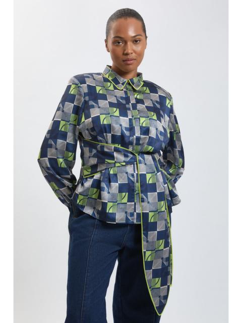 KAREN MILLEN Plus Size Geo Print Hammered Satin Tie Waist Woven Shirt