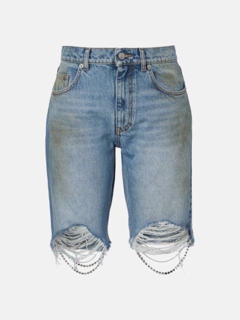 AREA Distressed embellished denim shorts