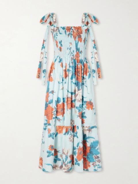 Erdem Shirred floral-print cotton midi dress Blue
