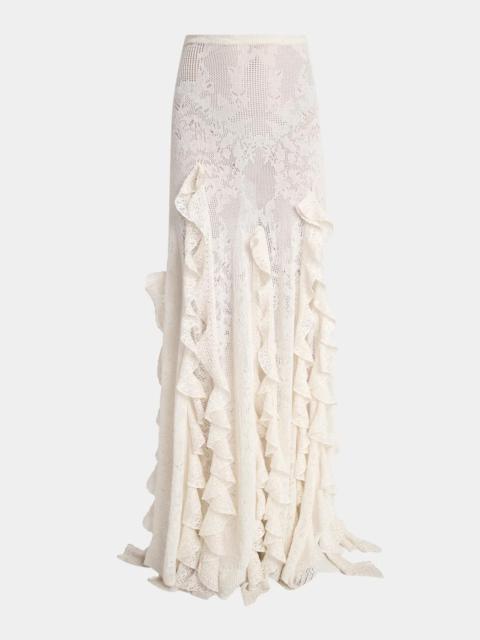 GABRIELA HEARST Garnet Silk-Wool Lace Knit Ruffled Maxi Skirt