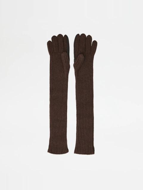 Tod's LONG GLOVES IN CASHMERE AND LEATHER - BROWN